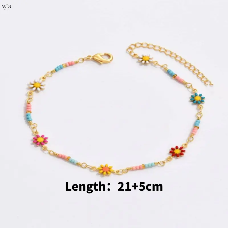 Women's Adjustable Chain Beaded Flowers Anklet - 2-Style Bright Colored Boho Daisy Seed Bead Charm Chain Jewelry Anklets for Summer Beach Holidays