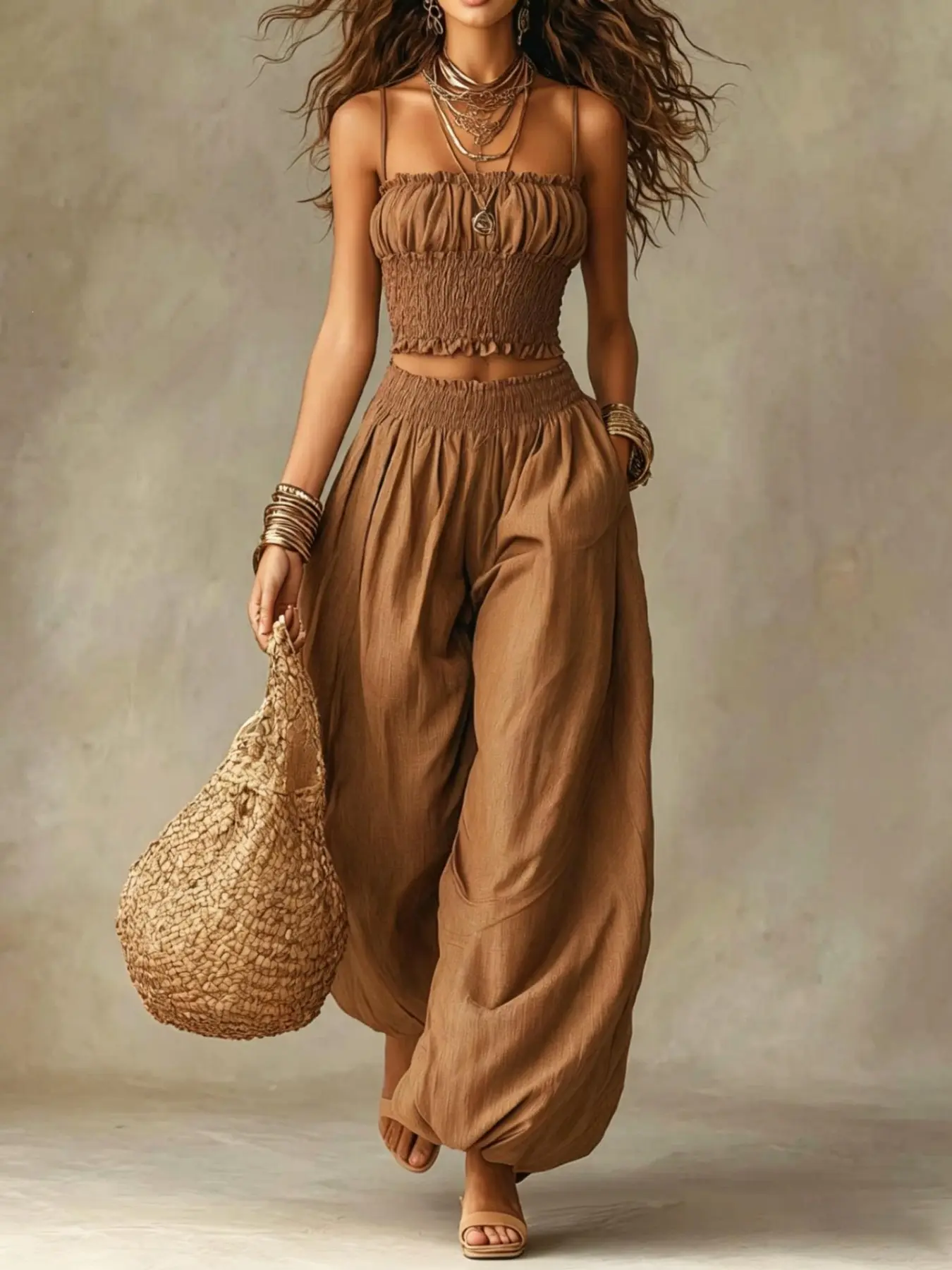 2026  New Arrival Women Cami Sleeveless Crop Top & Harem Pants Two Piece Outfit, Ruffle Smocked Co Ord Set For Vacation Daily Going Out