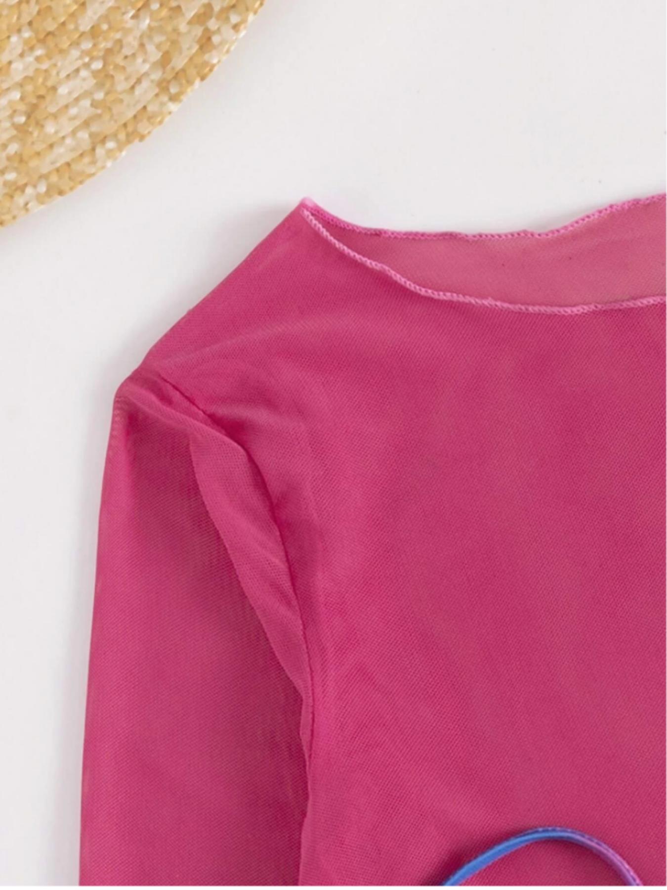 Three-Piece Set Women's All Over Print Tie Back Bikinis for Summer 2024, Chic Long Sleeve Crop Cover Up Tee & Triangle Swim Bra & Swim Panty, Ladies Swimsuit, Bikini Swim Top