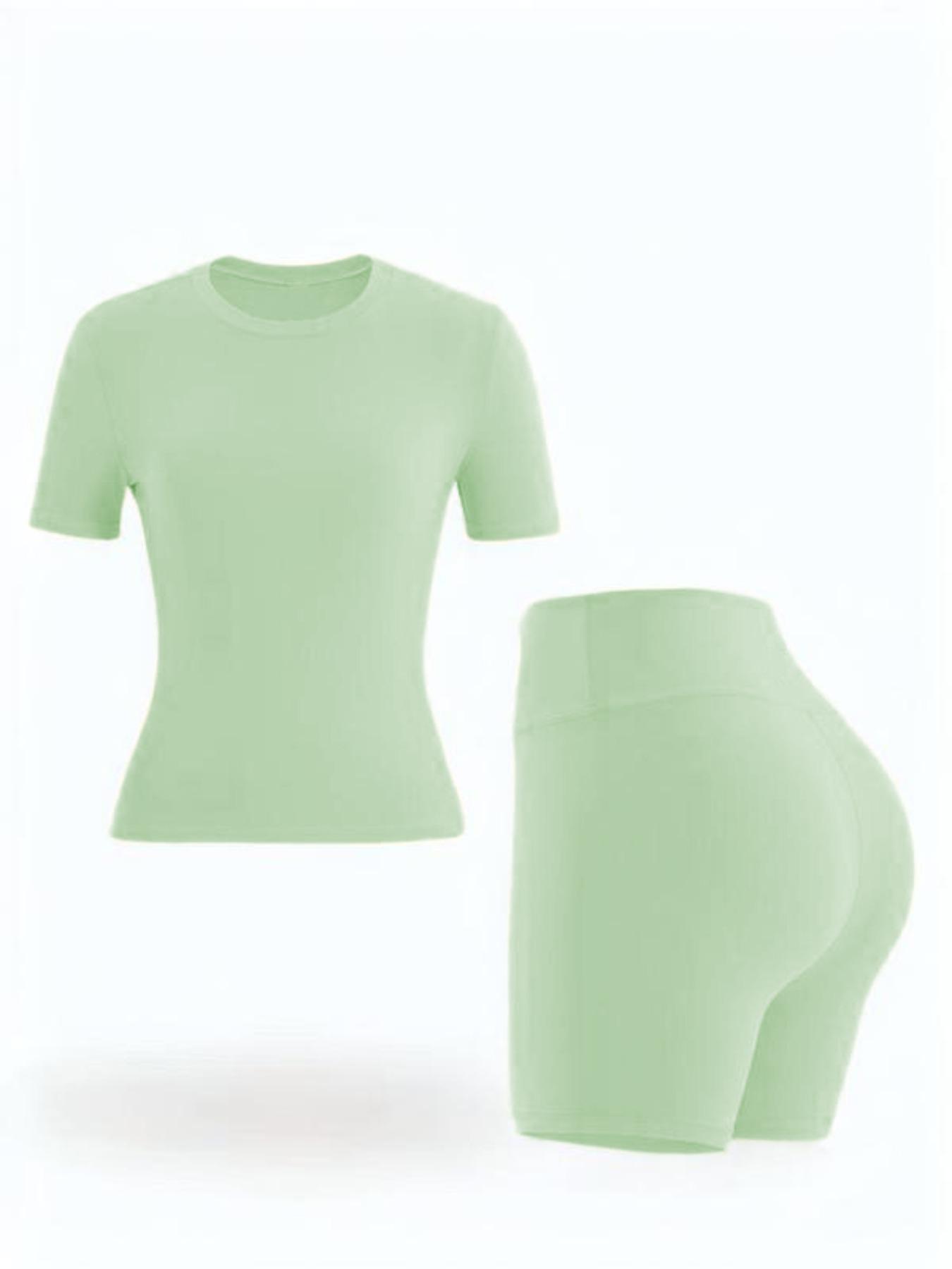 Two-Piece Set Women's Solid Round Neck Tee & High Waist Biker Shorts Athletic Tracksuit Set, Casual Short Sleeve T-shirt & Skinny Shorts, High Stretch Activewear, Ladies Sportswear Yoga Outfit Set for Indoor Outdoor Wear Athletic Workout Set