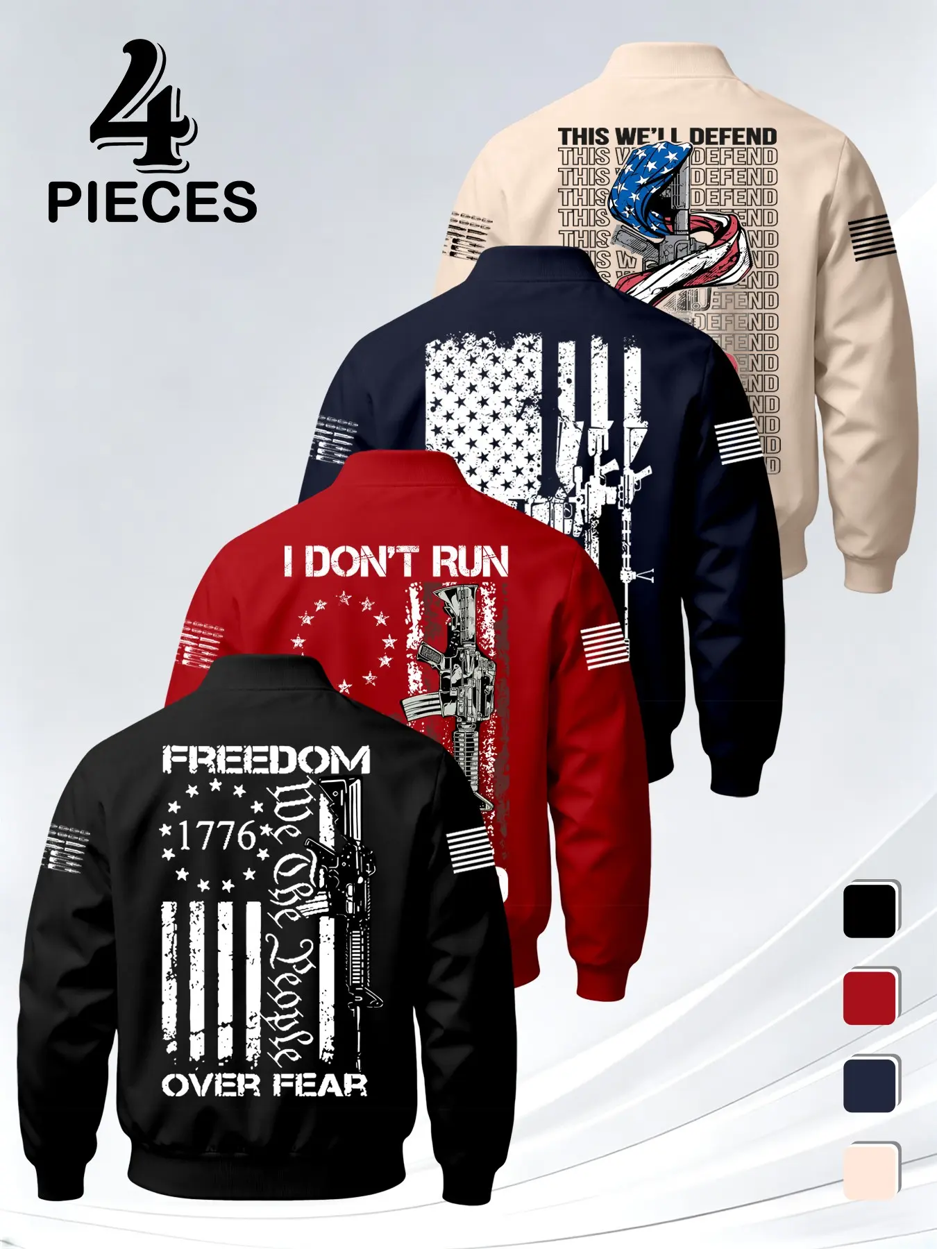 4-Piece American Vintage Patriotic Pilot Jacket Set, Men's Gun Flag Print Baseball Collar Zip Pocket Coat, 4 Colors for Versatile Wear