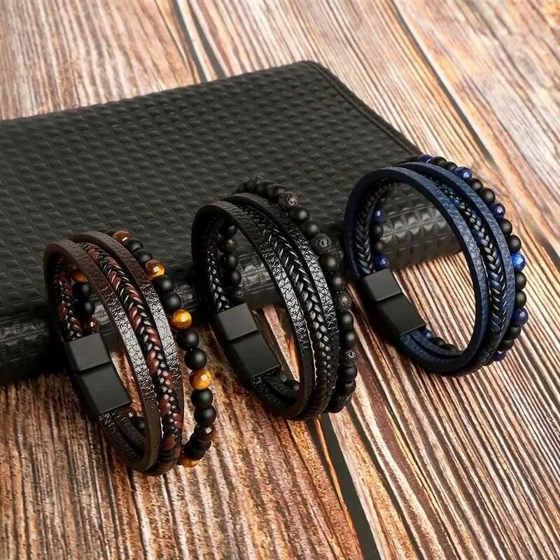 Men's 3-Pack Leather Bracelet Set - Classic Multi-Layer Wrap Design with Tiger Eye Beads, 21cm Adjustable Fashion Jewelry Gift, Bracelet for Boyfriend