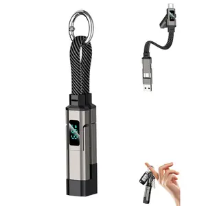 4-in-1 Charging Cable with Digital Display & Keychain – Fast-Charging, Kink-Resistant & Compact, Short Multi-Interface Braideds Fast Charging Lanyard Cord for Laptop Phone (Black)