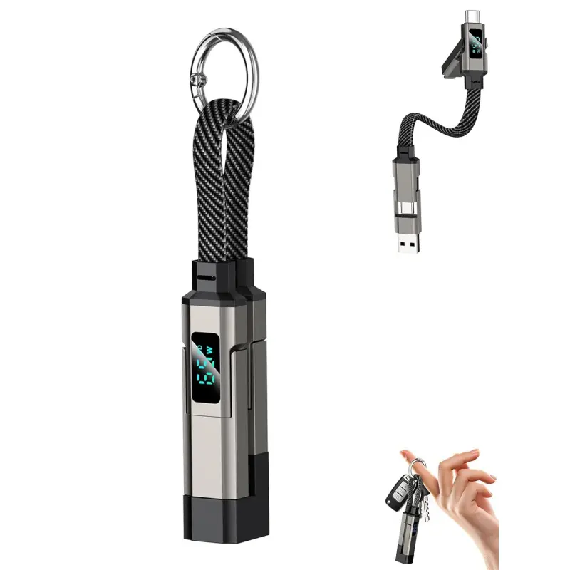 4-in-1 Charging Cable with Digital Display & Keychain – Fast-Charging, Kink-Resistant & Compact, Short Multi-Interface Braideds Fast Charging Lanyard Cord for Laptop Phone (Black),back to school,back to school haul