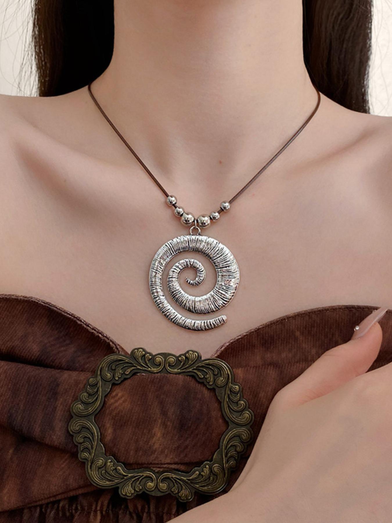 Women's Vintage Spiral Design Pendant Necklace with Leather Cord, Boho Chic Jewelry, Mexican Necklaces, Charm Necklace, Statement Necklace, Necklaces for Women, Vintage Bohemian Jewelry, Boho Style Jewelry