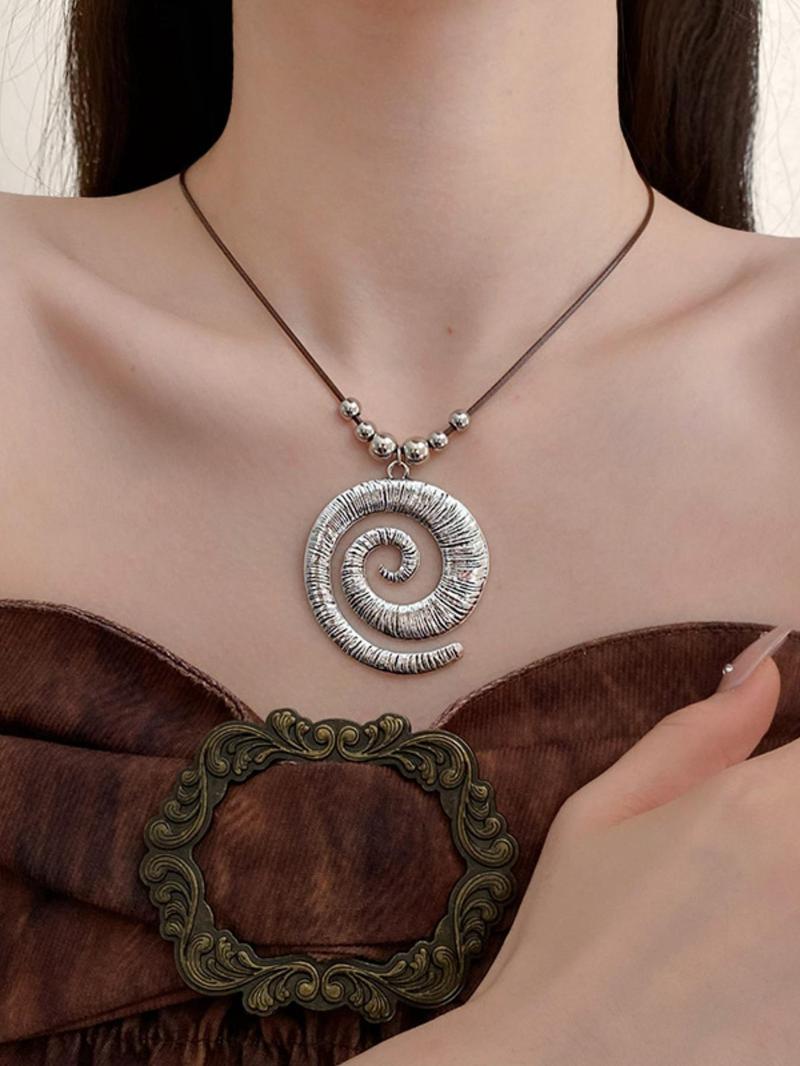 Women's Vintage Spiral Design Pendant Necklace with Leather Cord, Boho Chic Jewelry, Mexican Necklaces, Charm Necklace, Statement Necklace, Necklaces for Women, Vintage Bohemian Jewelry, Boho Style Jewelry
