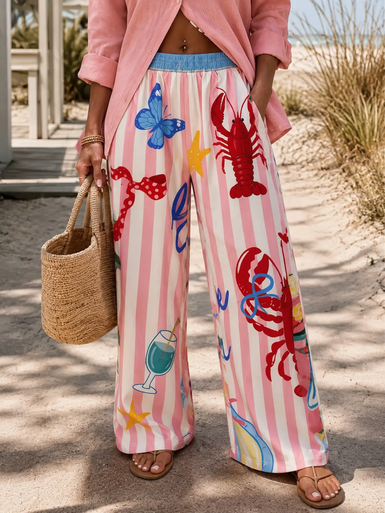 Women's Pink Striped Lobster Butterfly Print Elastic Waist Wide Leg Pants, Casual Loose Summer Beach Vacation Palazzo Trousers with Pockets