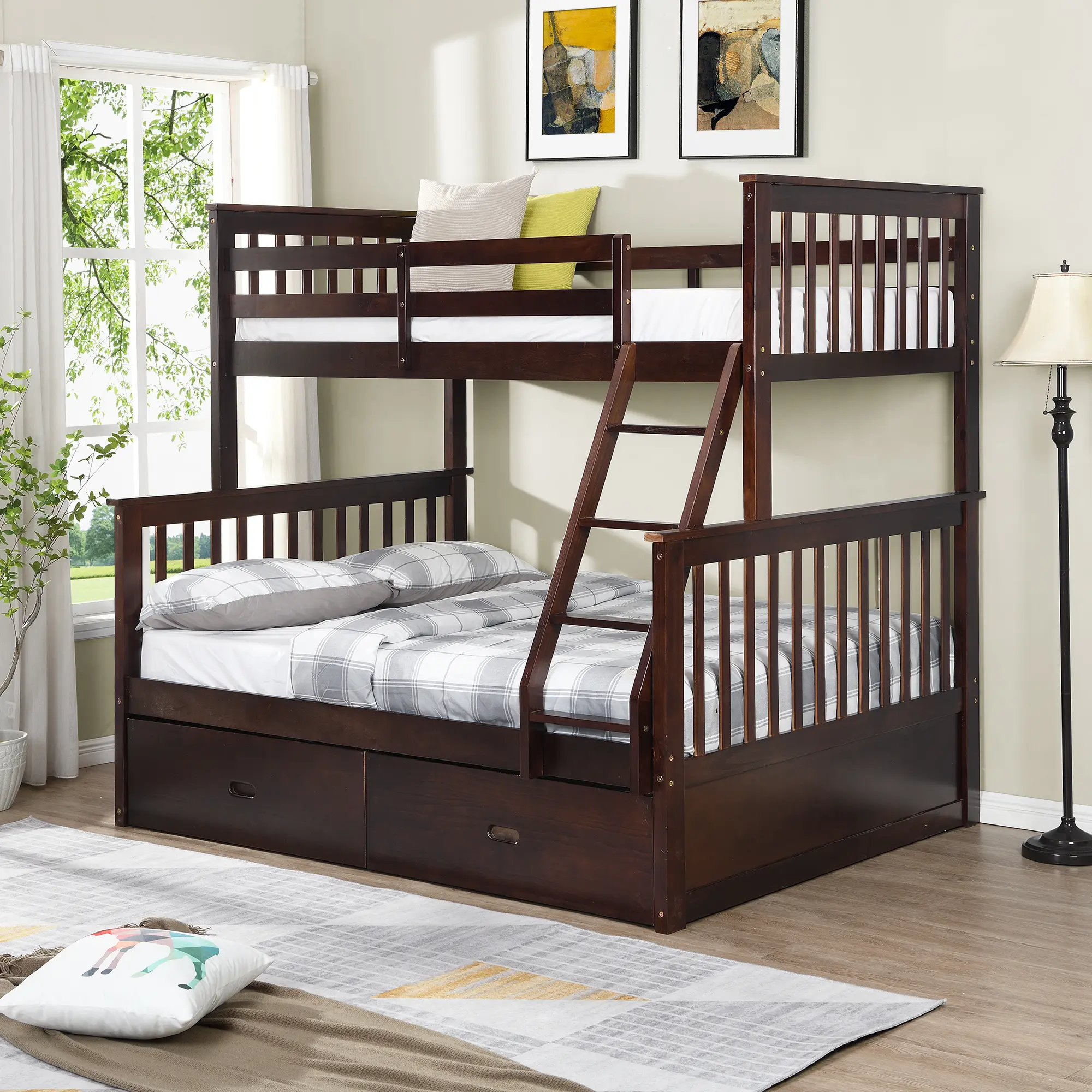 ARCH Twin Over Full Bunk Bed with Storage Drawers, Wooden Bunk Bed with Ladder and Safety Guard Rails, Espresso Finish, Space-Saving Kids Bedroom Furniture, Twin/Full Size Bunk Beds for Children's Room, Durable Wood Construction, Easy Assembly