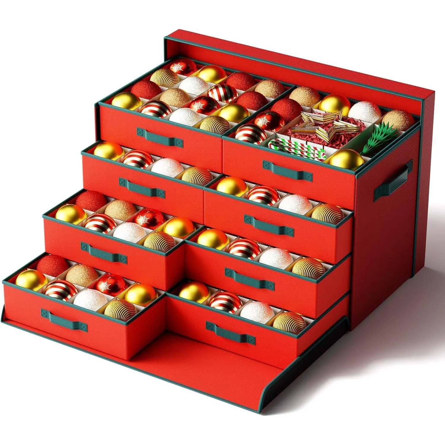 Christmas Ornament Storage Box, Extra Large Container Holds 128 Ornaments, with Lid Adjustable Dividers and Individual Trays for Holiday Decorations, Red