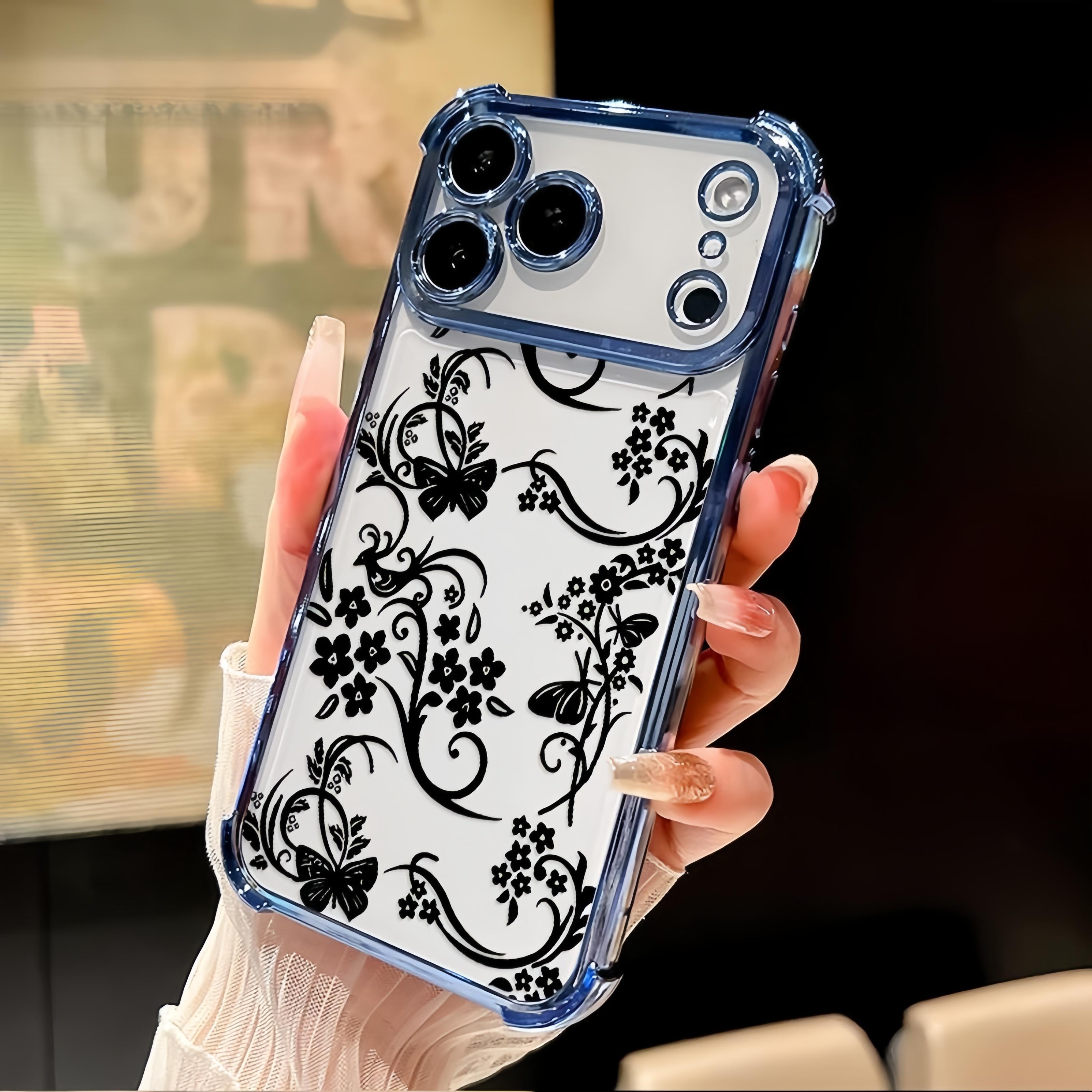 Elegant Floral Vines Pattern Four Corner Anti-Fall Phone Case Transparent Electroplated Protective Cover for iPhone 17 Pro Max Air 16 15 Plus 14 13 12 11 E Slim Lightweight TPU Case with Full Lens Protection