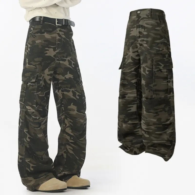 Men's Vintage Camo Cargo Flare Jeans - Stylish Cotton Blend Baggy Wide-Leg Trousers with Multi-Side Pockets, High Street Y2K Casual Menswear