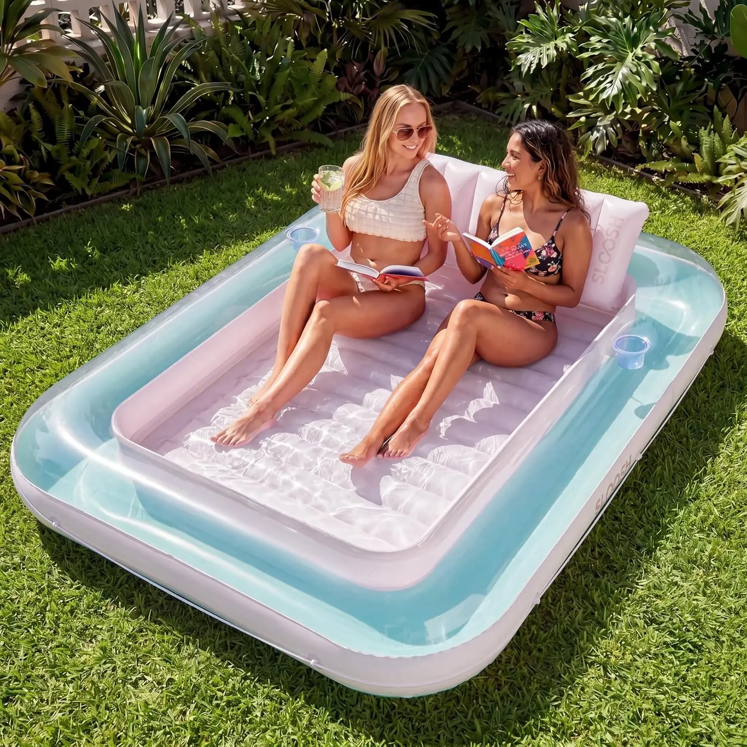 Inflatable Tanning Pool Lounger Float, 85" x 57" Pool Floats Adult with Pillow, 4 in 1 Suntan Tub Raft Floatie,Sunbathing Bed Lounge for Water Blow Up Ball Pit Party Gifts, XL-Cyan Pink