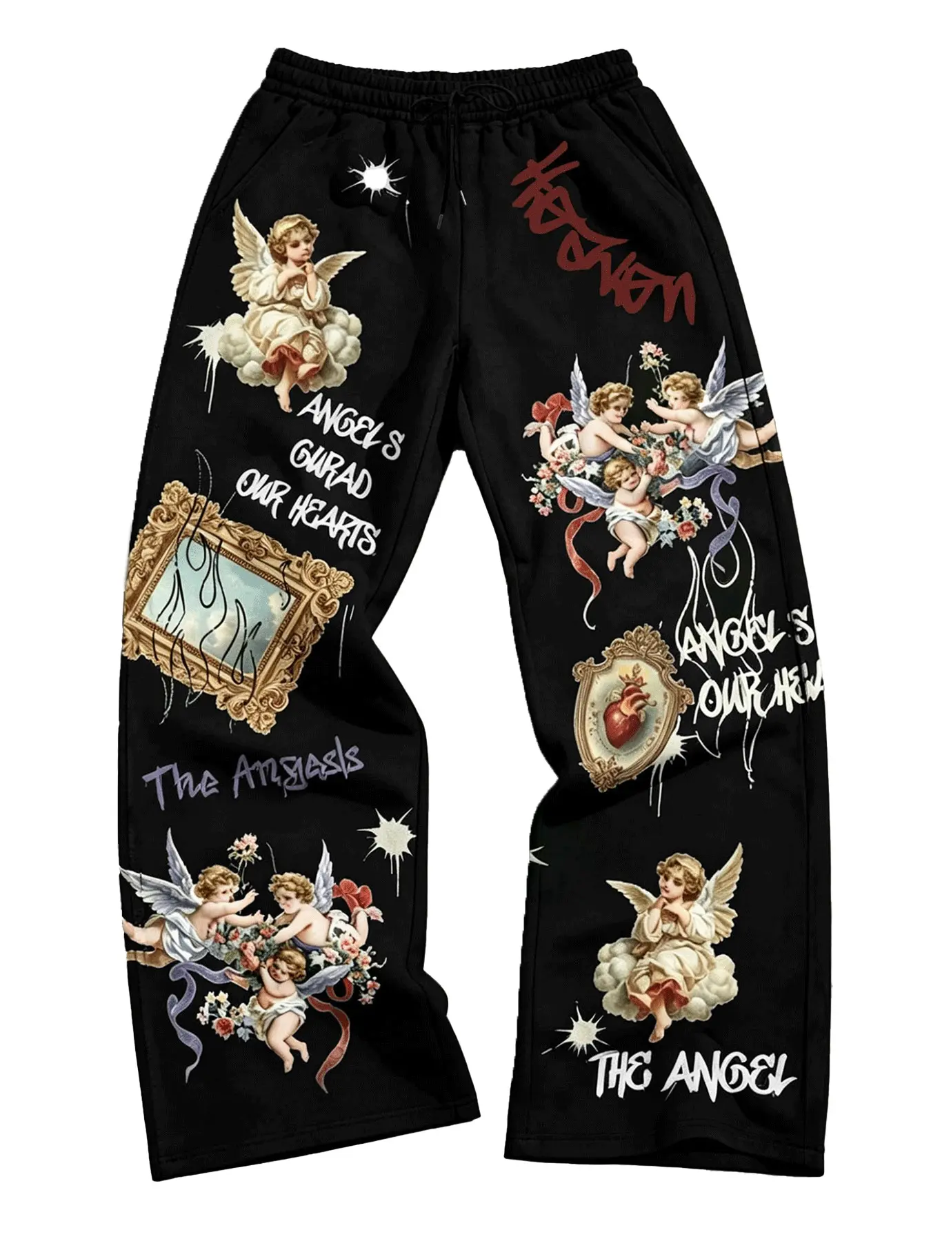 Men's Black Wide Leg Sweatpants, Vintage Cherub Angel Frame Heart Graffiti Slogan All Over Print Elastic Drawstring Baggy Y2K Gothic Streetwear Jogger Pants with Side Pockets for Men