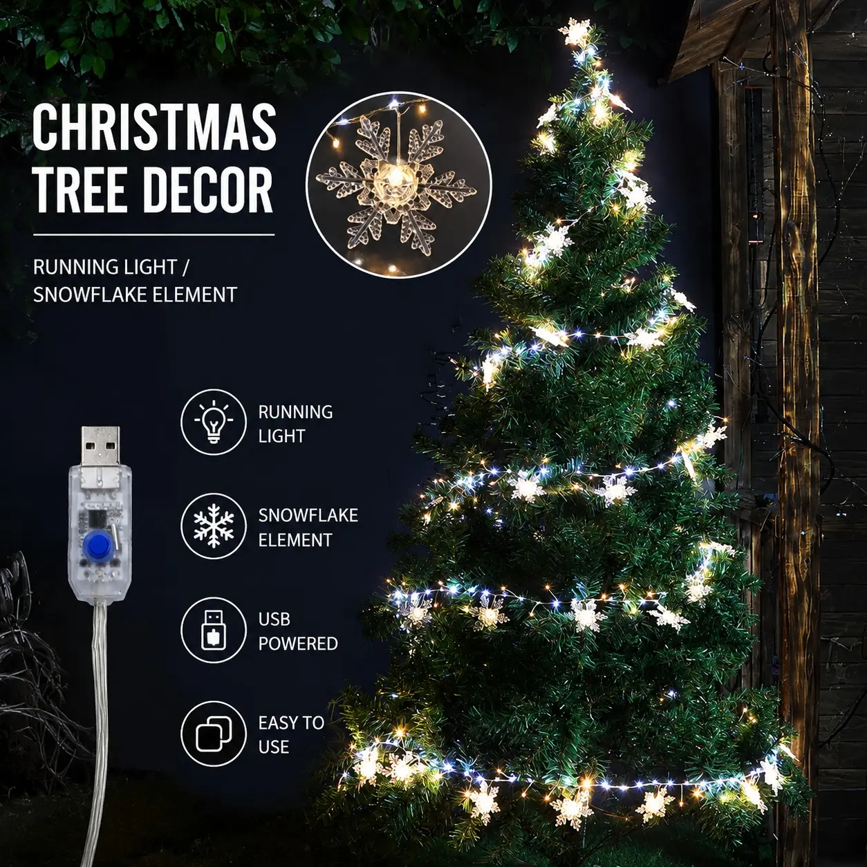 Christmas Tree Decoration Lights, 6m 50 Snowflake Ornaments USB Powered Remote Control, Festive Atmosphere Lighting Setup