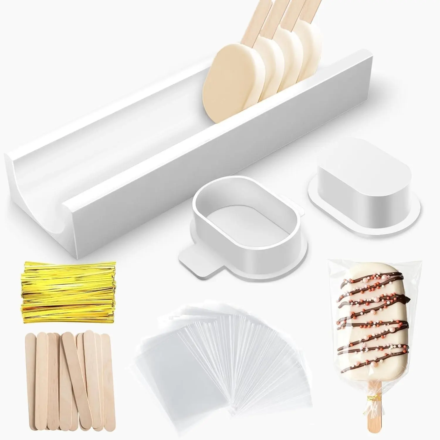 3 Inch Cakesicle Cutter and Cake Pop Mold Set, 8.7in Tray, 100 Wooden Sticks, 100 Bags, Silicone Mold for Baking, Birthday Desserts, Baking Tools