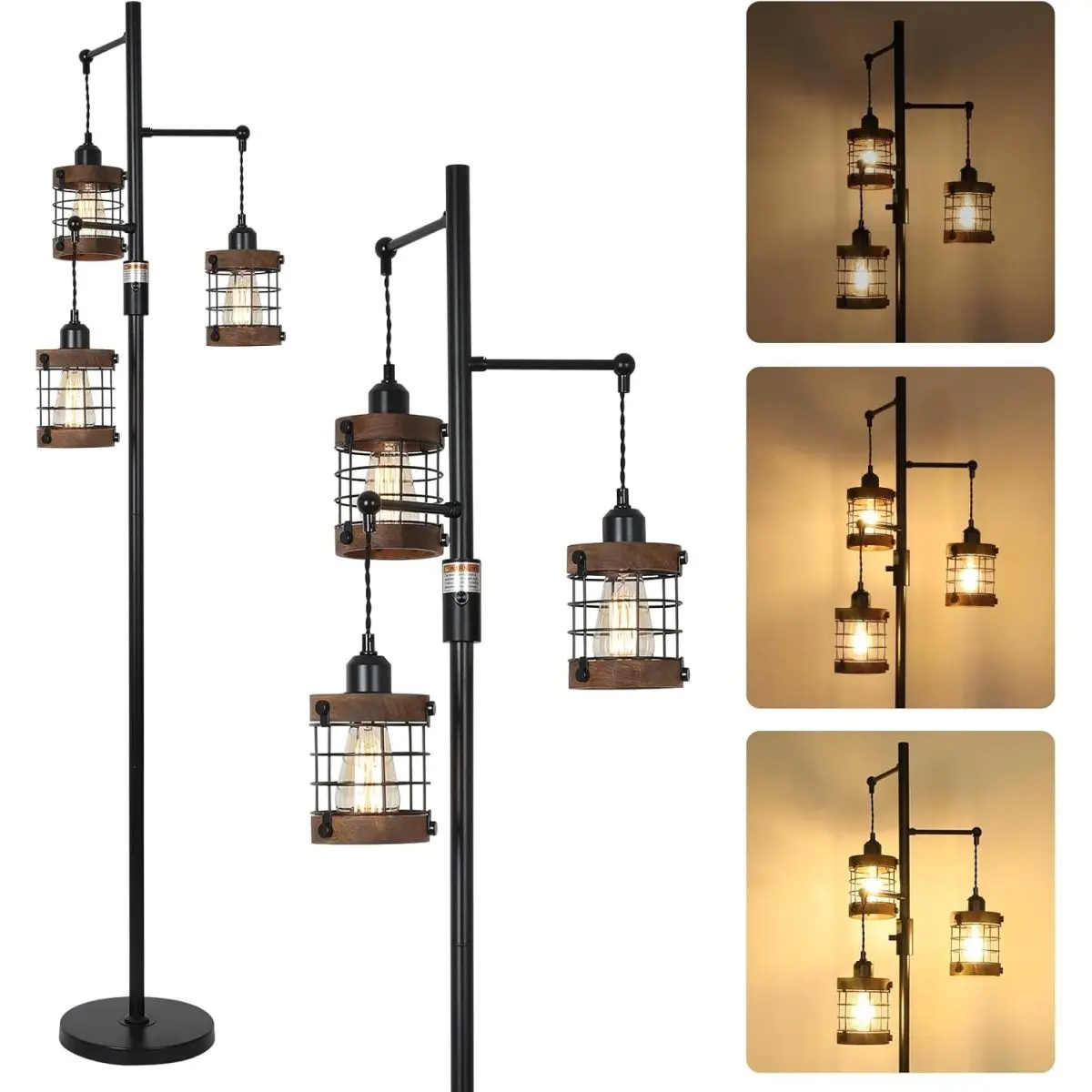Airposta Dimmable Floor Lamps for Living Room, 3-Light Industrial Floor Lamp with Wood & Metal Cage