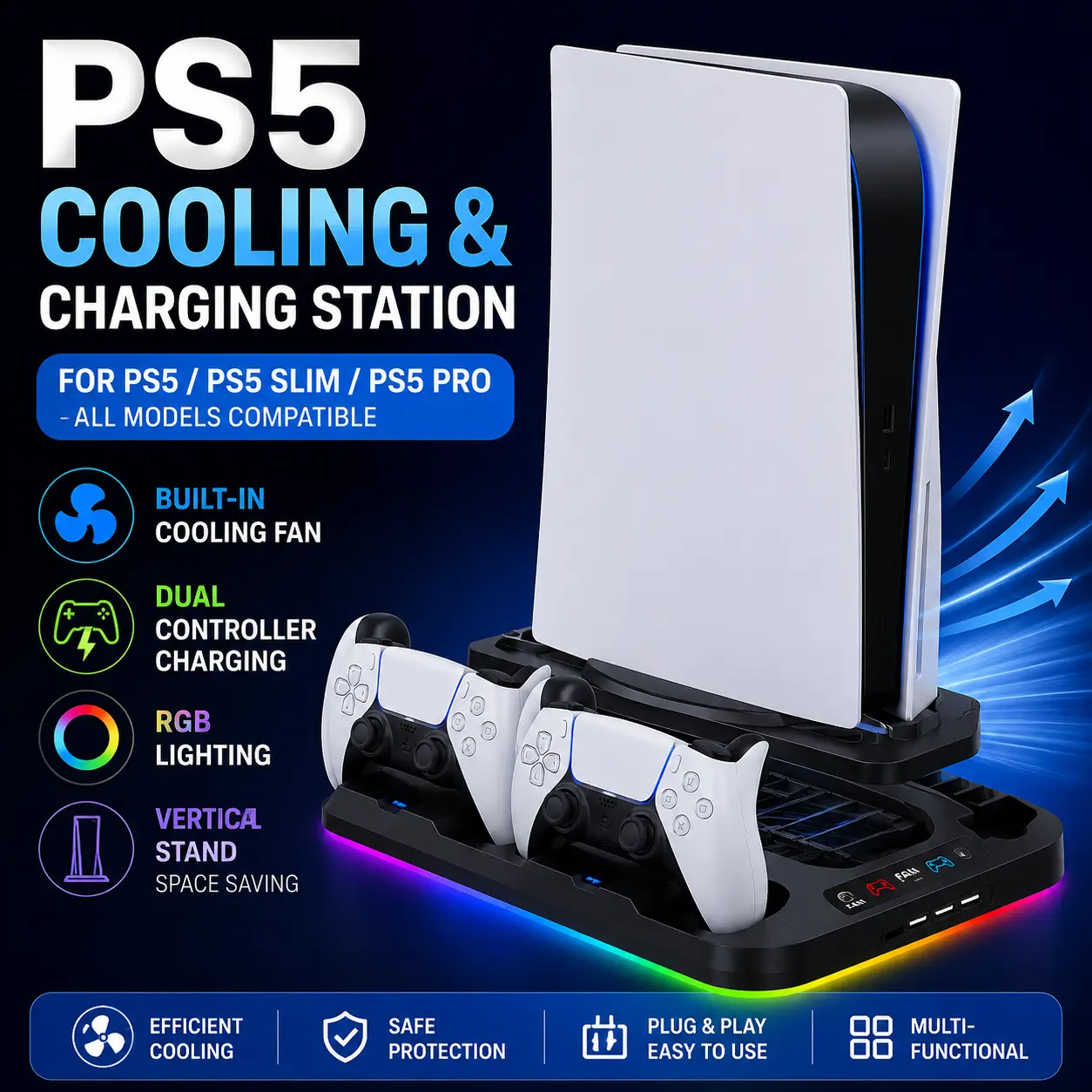 Charging Base Cooling Bracket for PS5 Console, Vertical Stand with Cooling Fan, Multi-Functional Charging & Cooling Station for PS5 Slim, Pro & All Models, Universal Gaming Accessory
