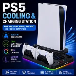 Charging Base Cooling Bracket for PS5 Console, Vertical Stand with Cooling Fan, Multi-Functional Charging & Cooling Station for PS5 Slim, Pro & All Models, Universal Gaming Accessory