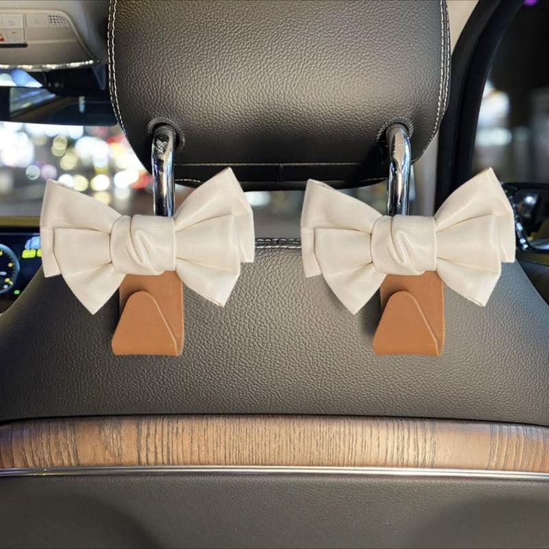 Cute Bowknot Car Seat Back Hooks 2Pcs, Premium Leather Dual Capacity Car Storage Hooks, Easy Install Interior Car Accessories Must Have,Cute Car Accessories for Women