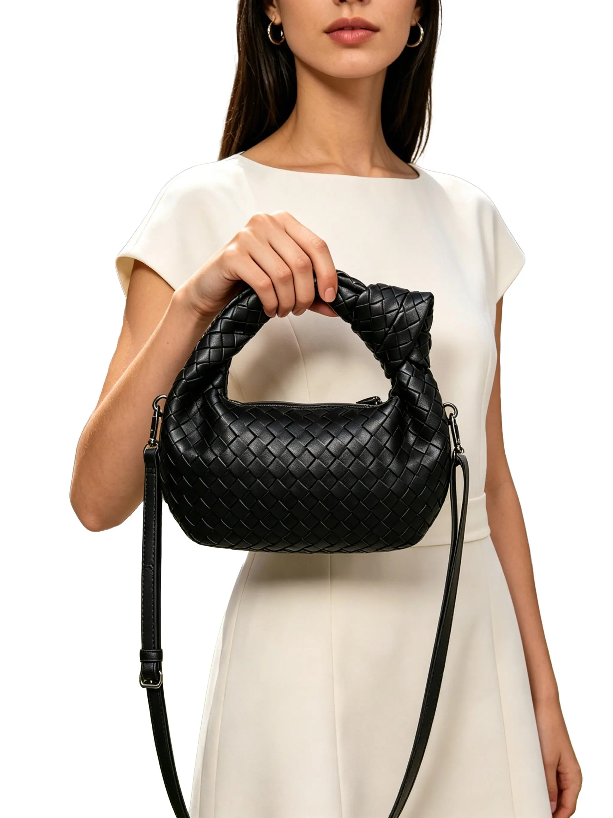 Woven Knot Hobo Bag for Women, Knotted Handle Mini Shoulder Purse, Detachable Strap Crossbody Bag, Elegant Woven Handbag for Dating Shopping Daily Evening Outings