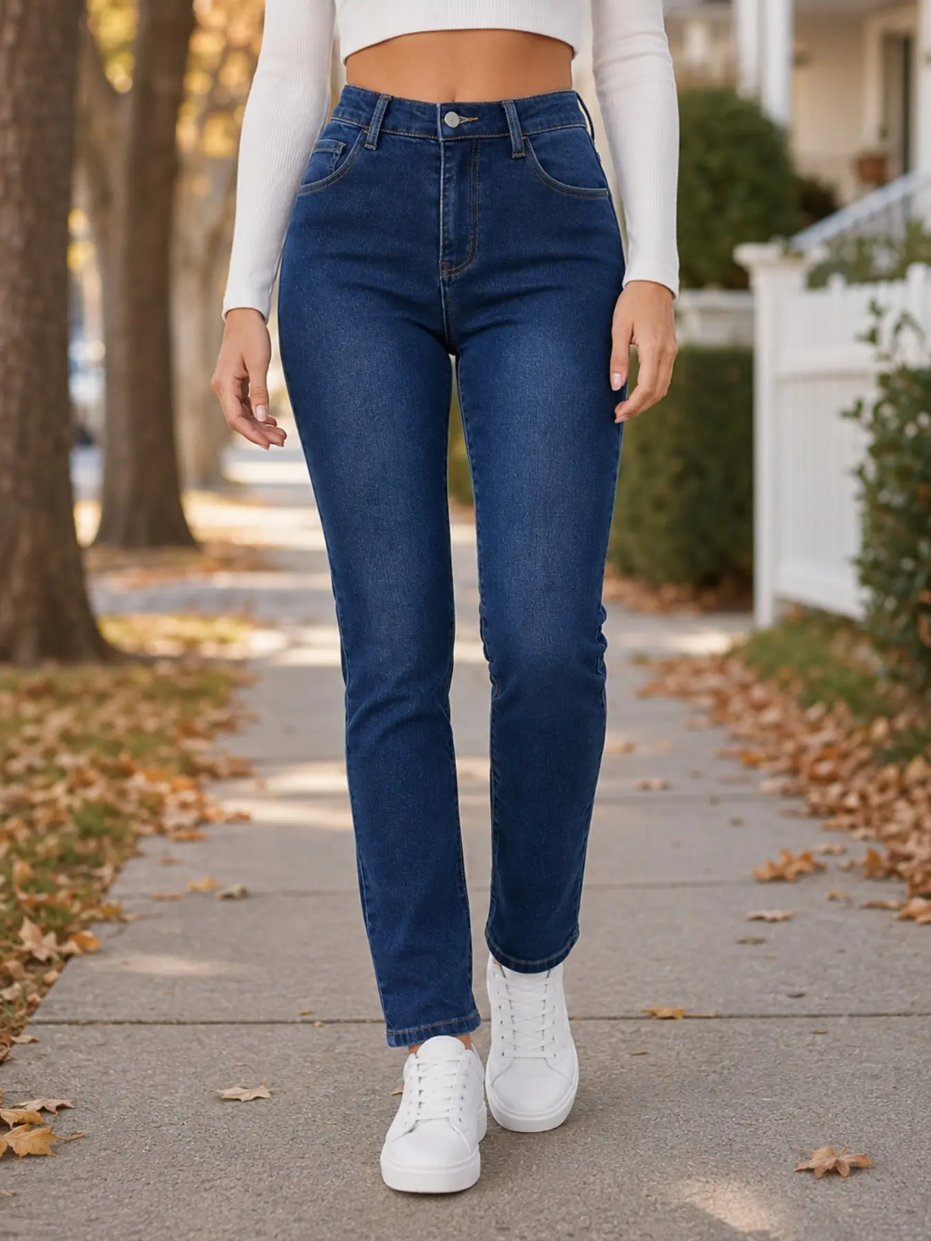 Women's Winter Thick Sheepskin Washed Deep Blue Straight Leg Jeans, High Waist Butt Lifting Slim Fit Casual Retro Street Warm Denim Jeans
