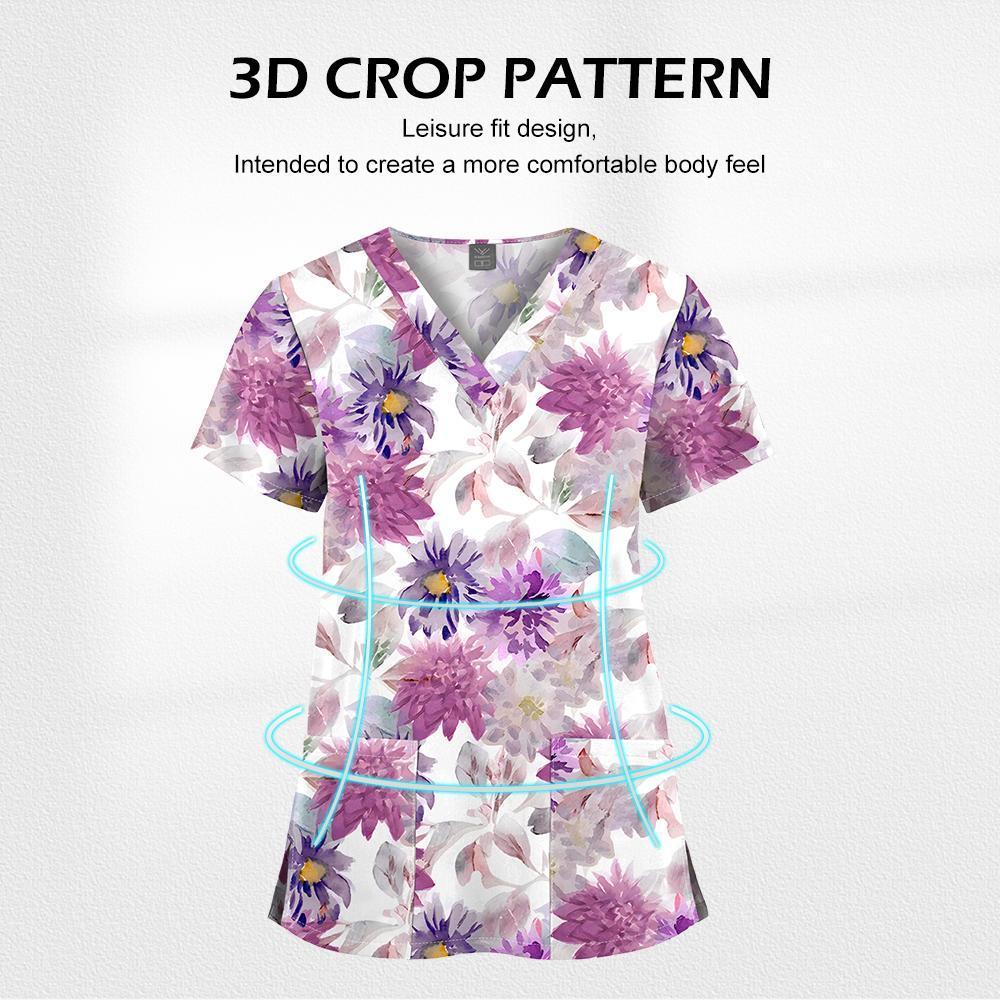 Cartoon Print V-Neck Short Sleeved T-Shirt Scrub Uniform Nurse Scrub Women Uniform Top Surgical Scrubs Nurse Veterinary Workwear