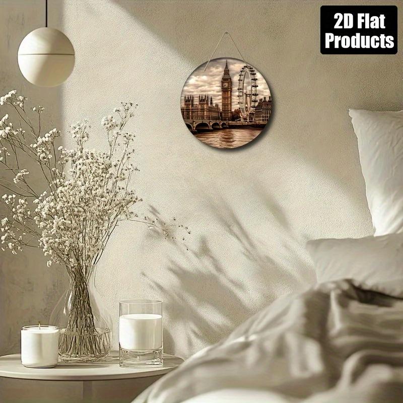 1PC London Theme Round Wooden Wall Art - Suitable for Bars, Kitchens, Cafes, Homes, Office Decorations - Includes Big Ben and London Eye, Perfect for Parties and Holiday Gifts, Office Decorations| London Skyline Art| Durable Wooden Picture Frame, London W