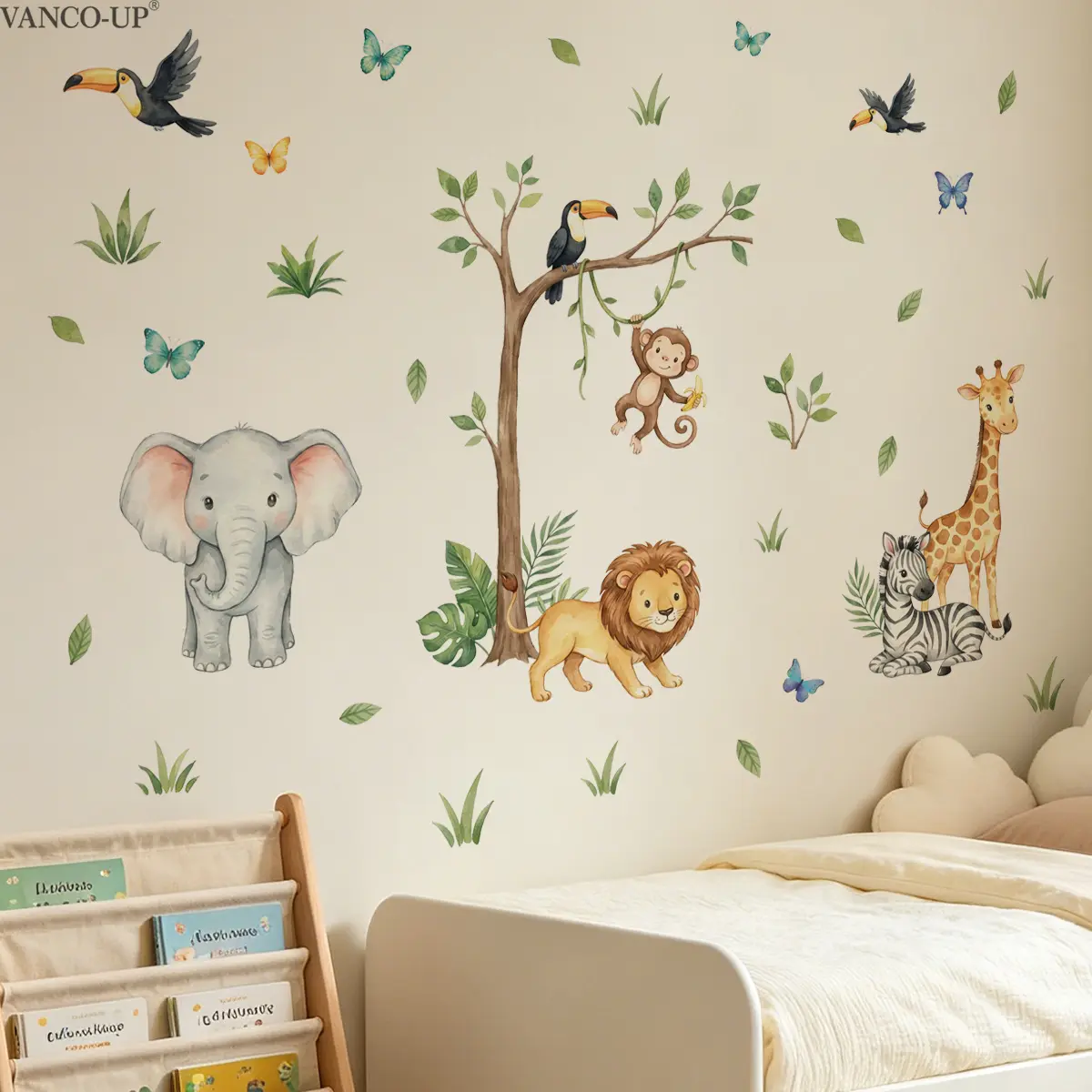 2Pcs Set (3060cm2pcs) Watercolor Tropical Rainforest Animals Self-Adhesive Wall Stickers, Scene Stickers, Fresh Cartoon Wall Decals for Kids Room Background Decor, Cute Wall Decor