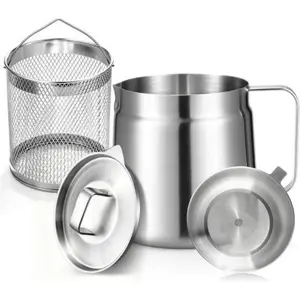 304 68oz Stainless Steel Countertop Deep Fryer Pot with Basket & Strainer, Large Capacity Bacon Grease Container for Kitchen,Frying, Cooking, Camping,Oil Filter Container - Dishwasher Safe (68oz/2L/2.1Qt)