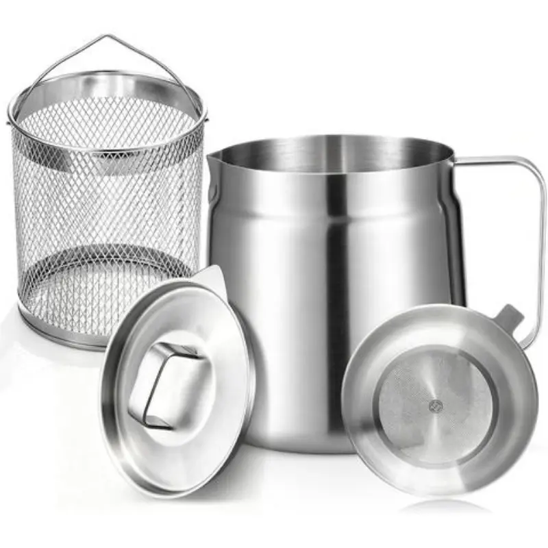 304 68oz Stainless Steel Countertop Deep Fryer Pot with Basket & Strainer, Large Capacity Bacon Grease Container for Kitchen,Frying, Cooking, Camping,Oil Filter Container - Dishwasher Safe (68oz/2L/2.1Qt)