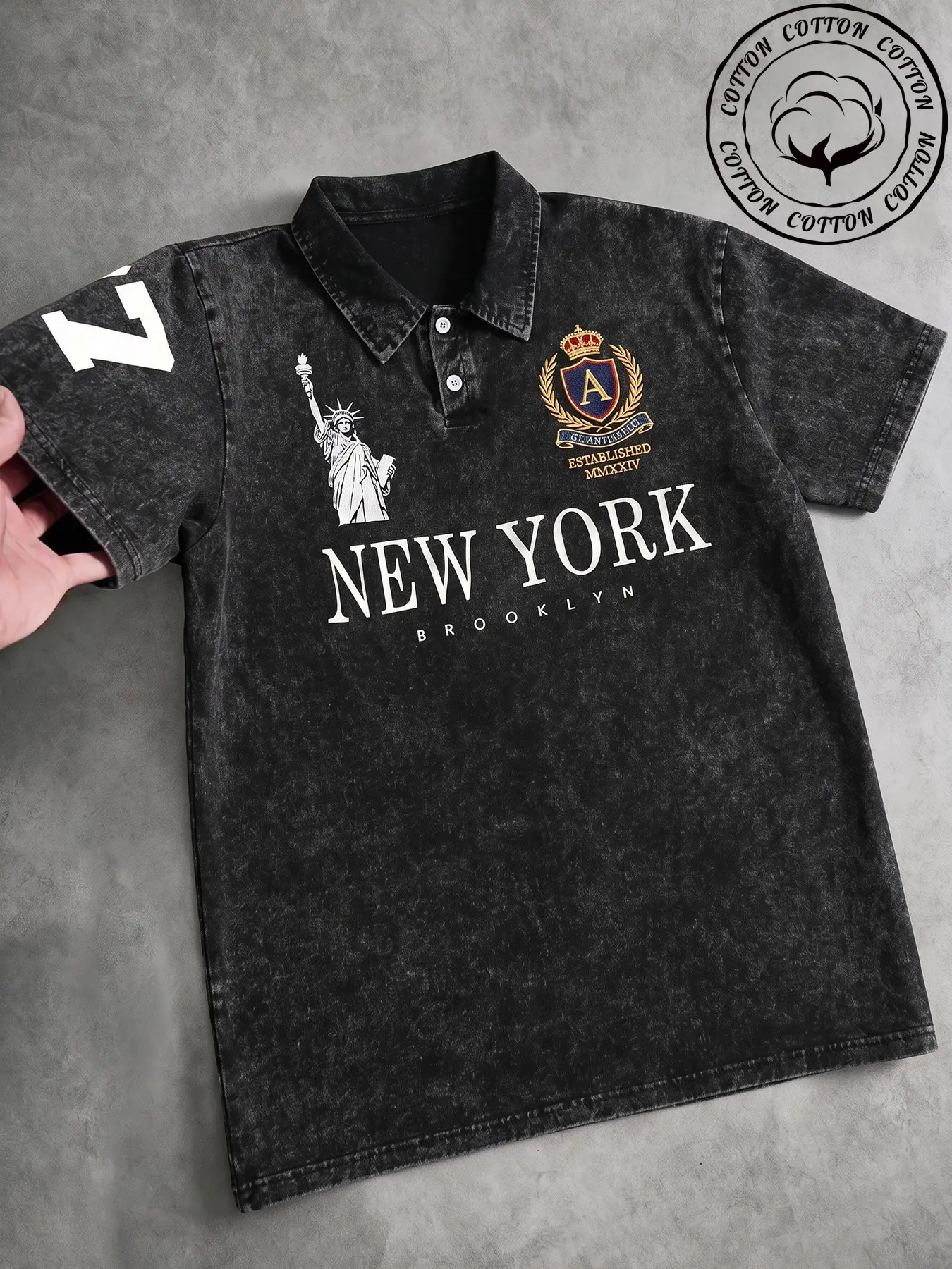 Y2K Men's Statue of Liberty Print Vintage Polo Shirt, Casual Fitted Blouse, Breathable Anti-Wrinkle, Campus & Streetwear