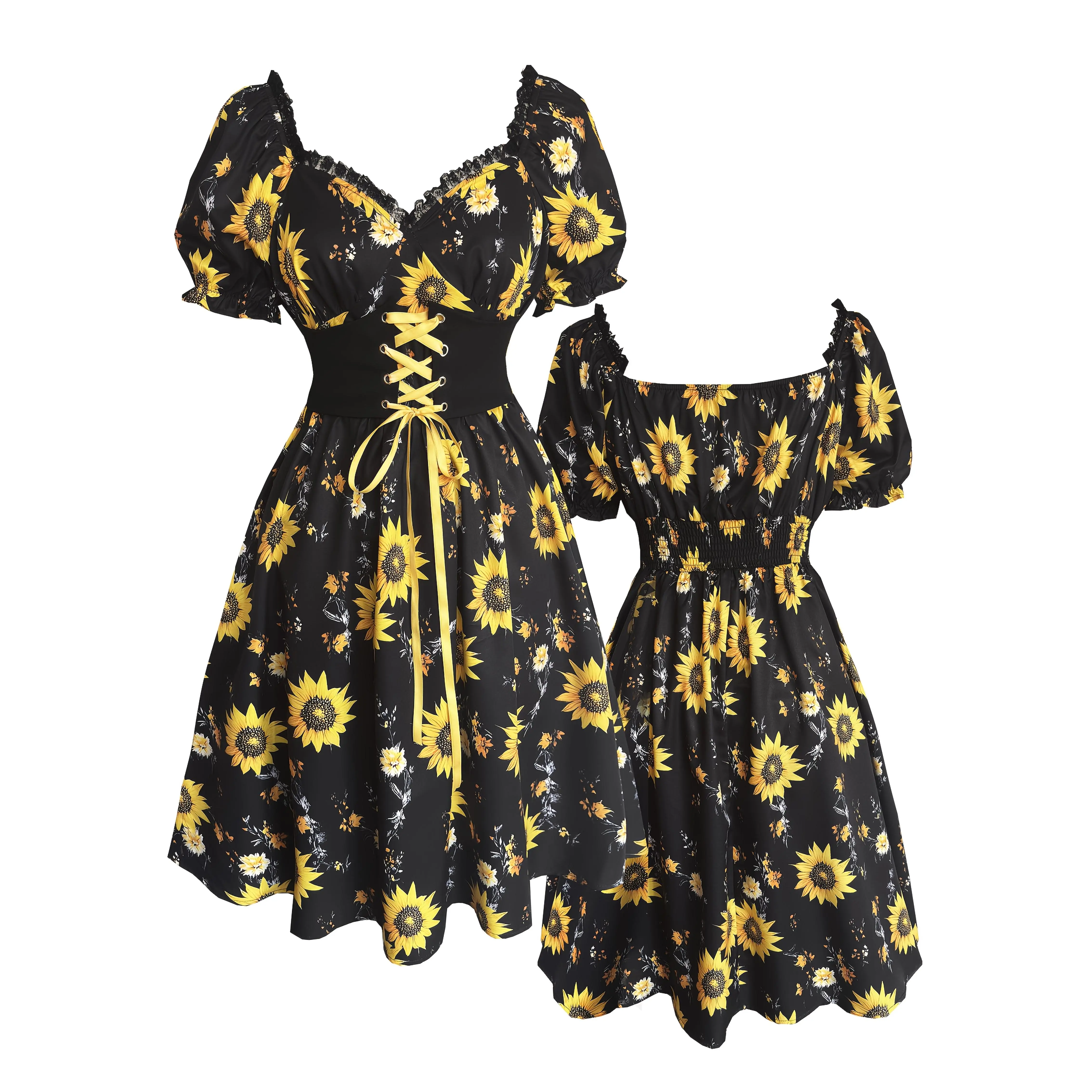 Women's Vintage Sunflower Print -Line Dress with Elastic Waist - Short Sleeve Square Neck Knee-Length Dress Suitable for Beach Vacation, Summer Outfits, Casual & Wear - Machine Washable Retro Dress,vacay,pentecostal,elegant,d,stylish,sleeveless,maxi dress