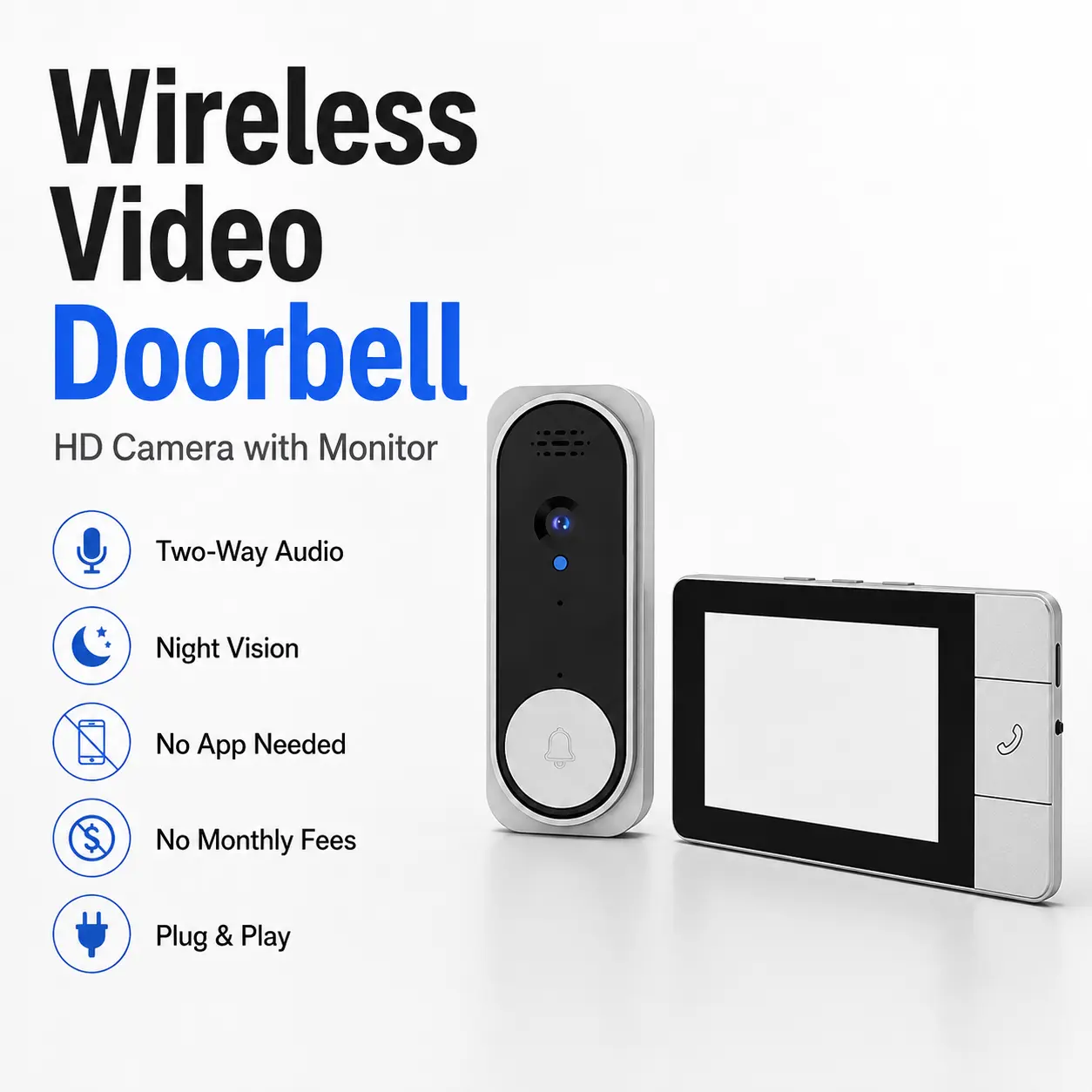 Wireless Video Doorbell with Indoor Monitor, HD Camera & Two-Way Audio, No App or Monthly Fee, Night Vision, Easy Plug-and-Play Home Security Setup