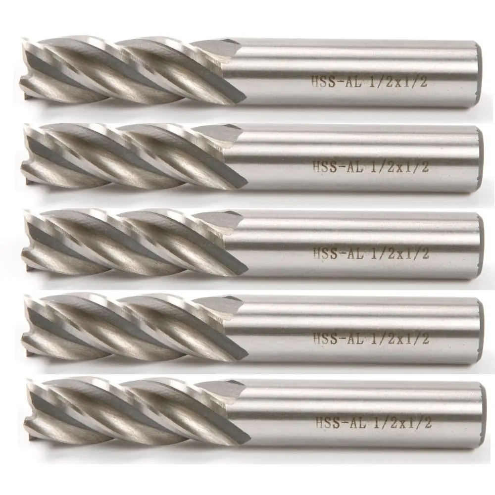 Carbide End Mill Set, 4 Flute Milling Cutter Bits, High Strength Breakage Resistance, 1/2x1/2 Inch, 5 Pack