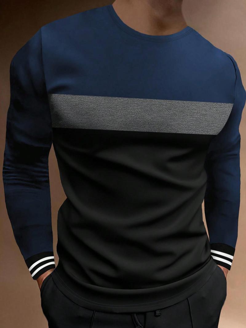 Men's Colorblock Striped Print Round Neck Tee, Casual Long Sleeve Crew Neck T-Shirt for Spring & Fall, Fashion Men's Regular Fit Top for Daily Wear