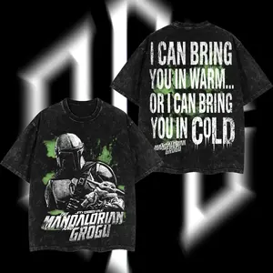 Retro The Mandalorian Holding Grogu Green Splash Background Front Bust Print & Distressed Drip Font Famous Catchphrase "I Can Bring You In Warm Or Cold" Back Graphic Dual-Sided Vintage Washed Black T-Shirt, Unisex Oversized Heavyweight Cotton Streetwear T