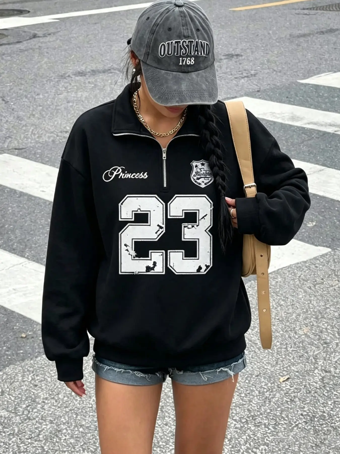 American Vintage College Style Number 23 Distressed Print Half-Zip Stand Collar Sweatshirt, Loose Oversize Lazy Casual Long Sleeve Pullover for Women
