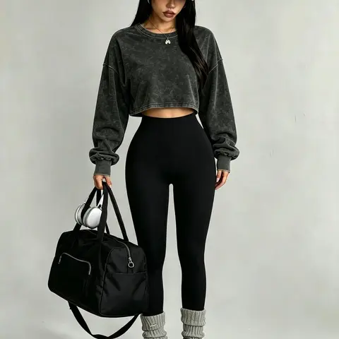 Vintage Washed Out Fashion Crop Top Women's Sports Sweatshirt, Casual Long Sleeve Fall Winter, Perfect for Daily Commute & Street Style Casual Loose Sweatshirt