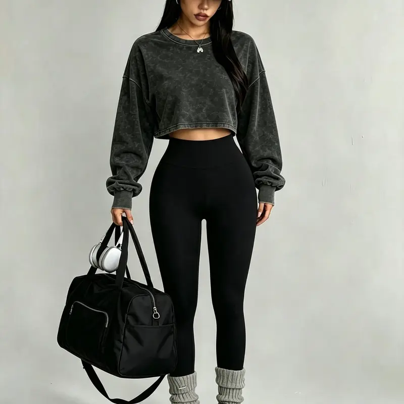 Vintage Washed Out Fashion Crop Top Women's Sports Sweatshirt, Casual Long Sleeve Fall Winter, Perfect for Daily Commute & Street Style Casual Loose Sweatshirt