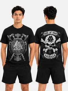 Men’s Sons of Odin Valhalla T-Shirt, Double Print Viking Valknut Axe Skull, Casual Norse Mythology Tee, Crew Neck, Short Sleeve