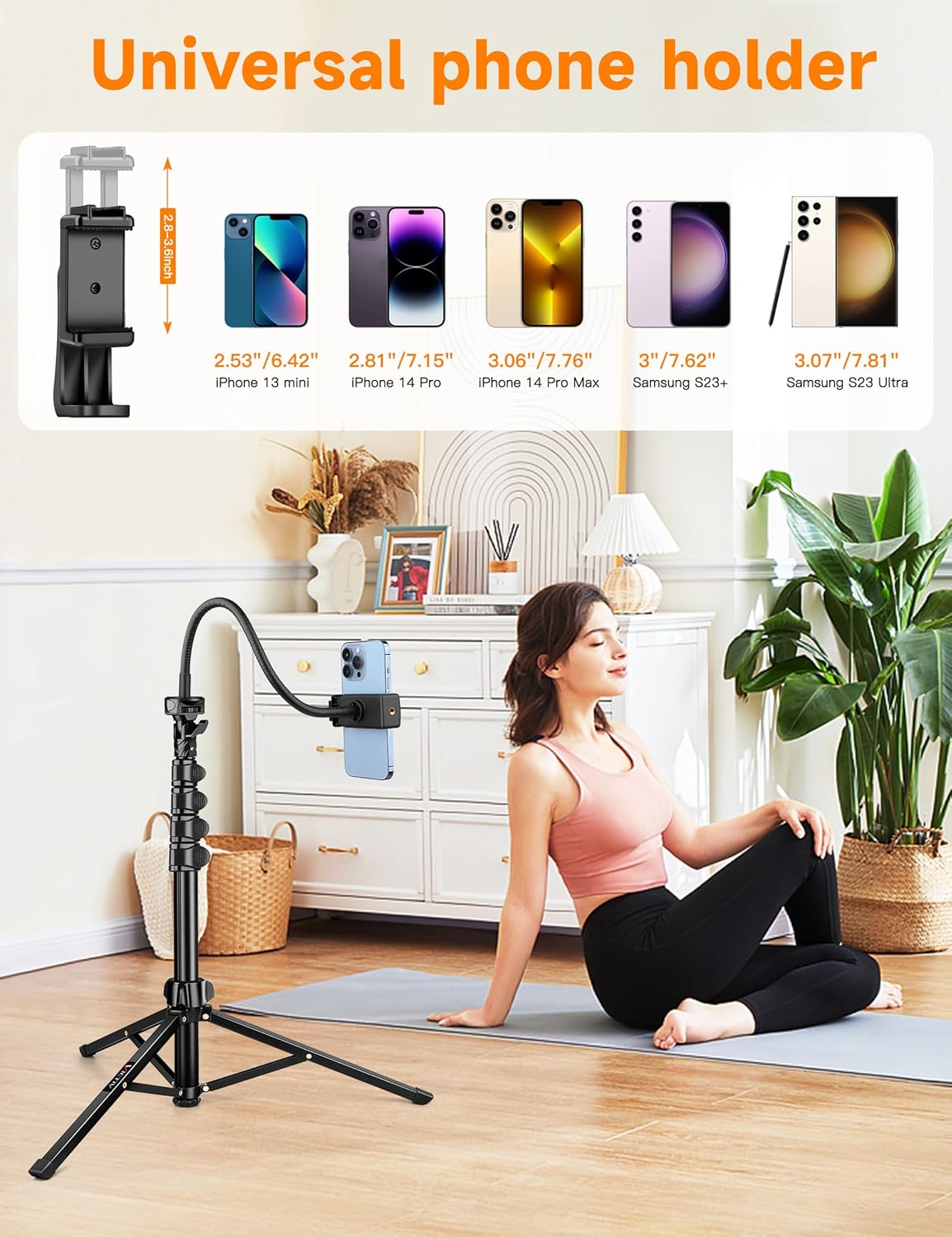 Phone Tripod, 86" Tall Tripod for  with Flexible Gooseneck & Remote, Portable  Cellphone Stand for Selfies, Video Recording,Travel, Compatible with  Android