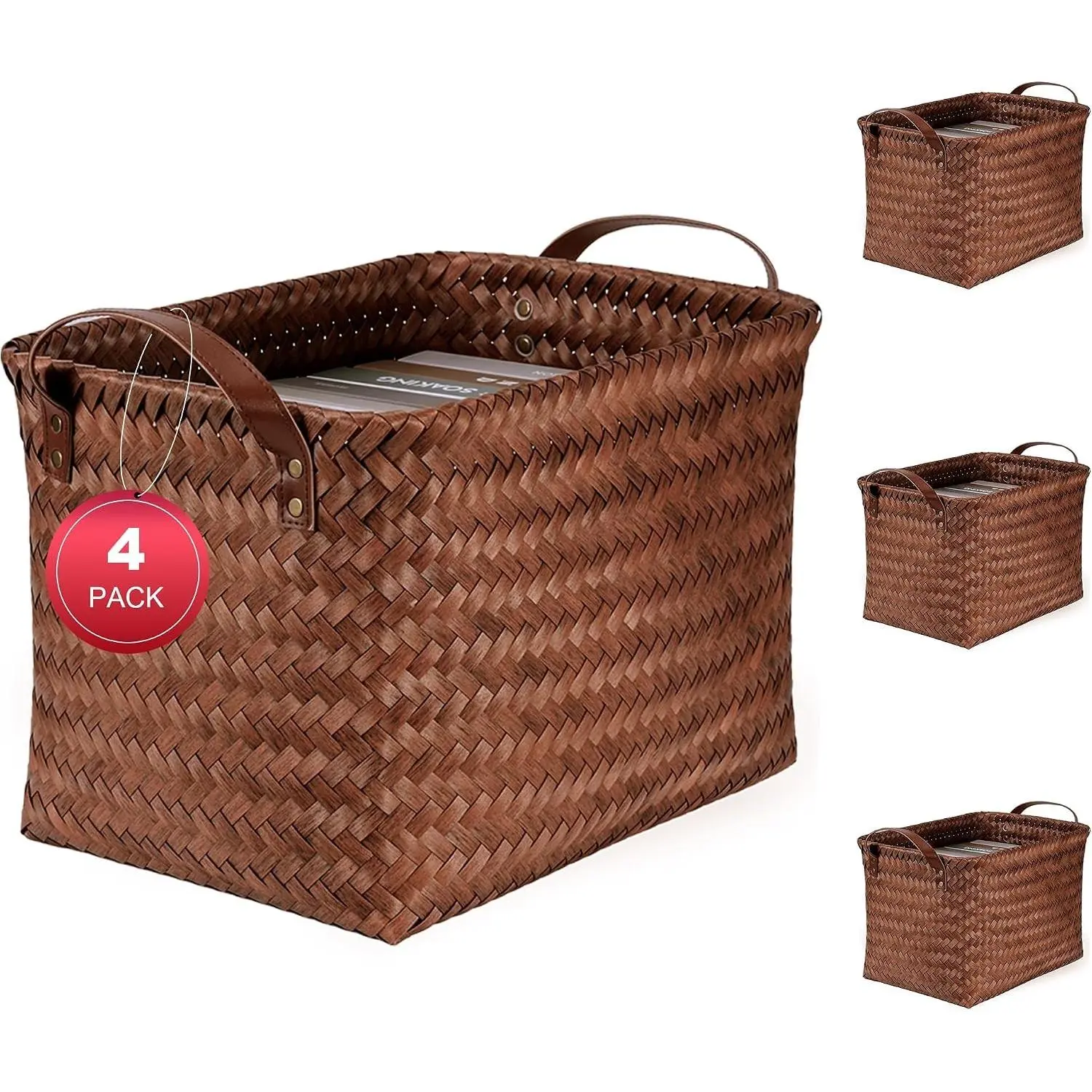 15L Laundry Baskets Waterproof Storage Baskets For Shelves Large Laundry Hamper With Leather Handle -set of 4 Cube Organizers Woven Bins for Bathroom,Bedroom,Pantry,Clothes,Car & Towels-Brown