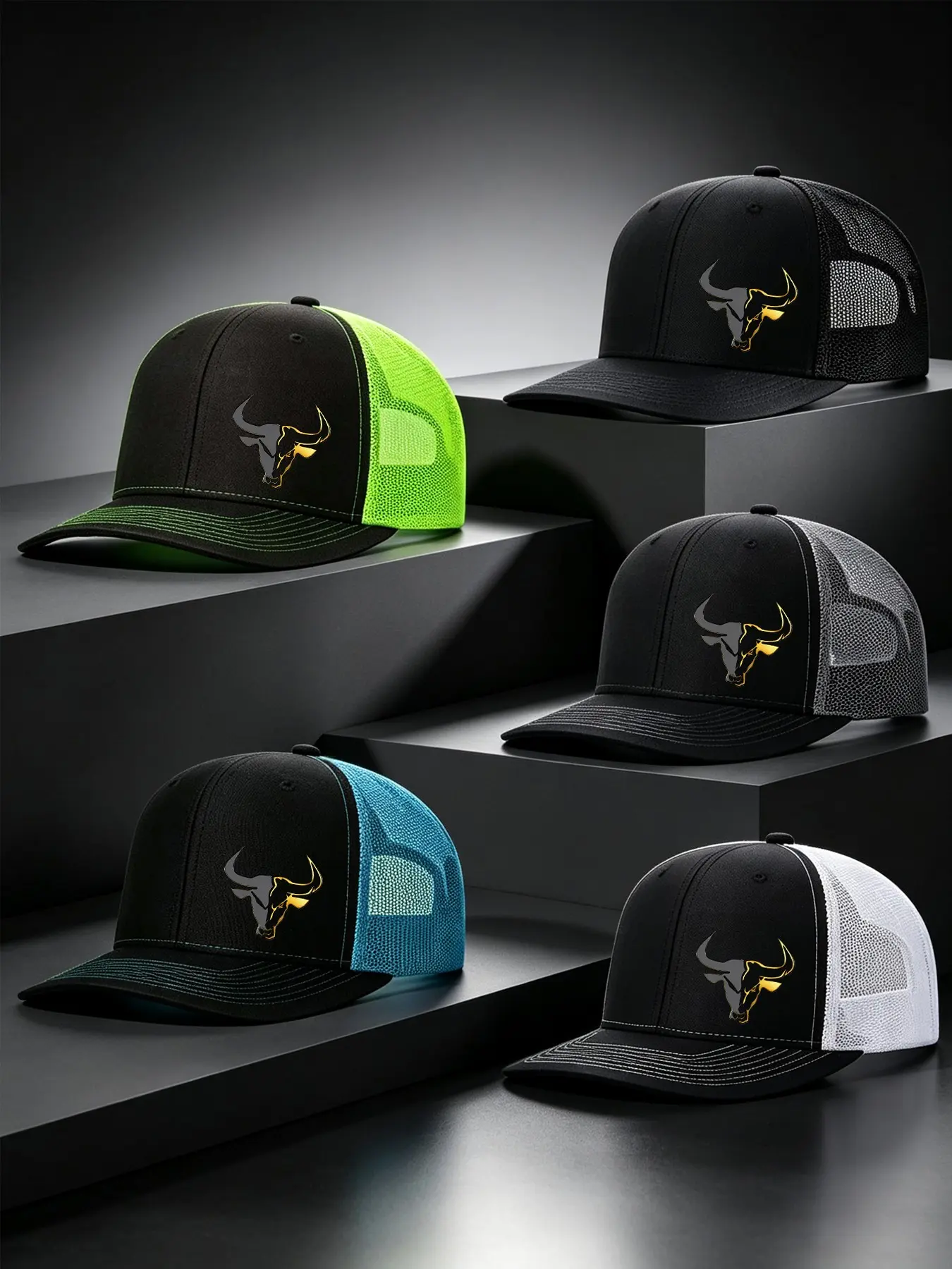 5pcs Unisex Trucker Hat Bull Head Printing Mesh Baseball Cap Richardson Slightly Curved Brim Baseball Cap Adjustable Dad Hats Outdoor Mesh Breathable Sun Hat Gift for Men Women Adjustable Streetwear Hat