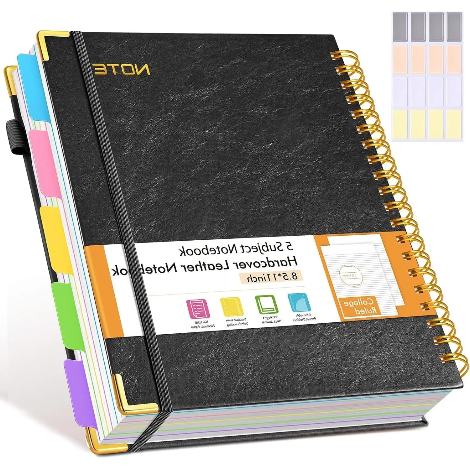 Hardcover Large Spiral Notebook 8.5 x 11 Inch with Removable Divider Tabs, 300 Pages Leather 5 Subject College Ruled, A4 Journal for Women Men, Notebooks for Work School Note Taking, BlackGift