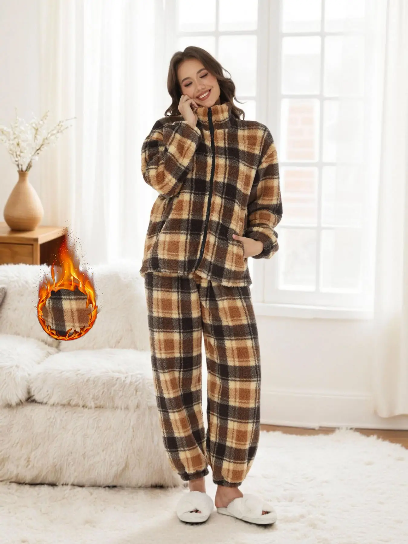 Women's Fall Winter Plaid Flannel Pajama Set, Stand Collar Zipper Open Front Long Pants, Thick Warm Home Wear Two-Piece
