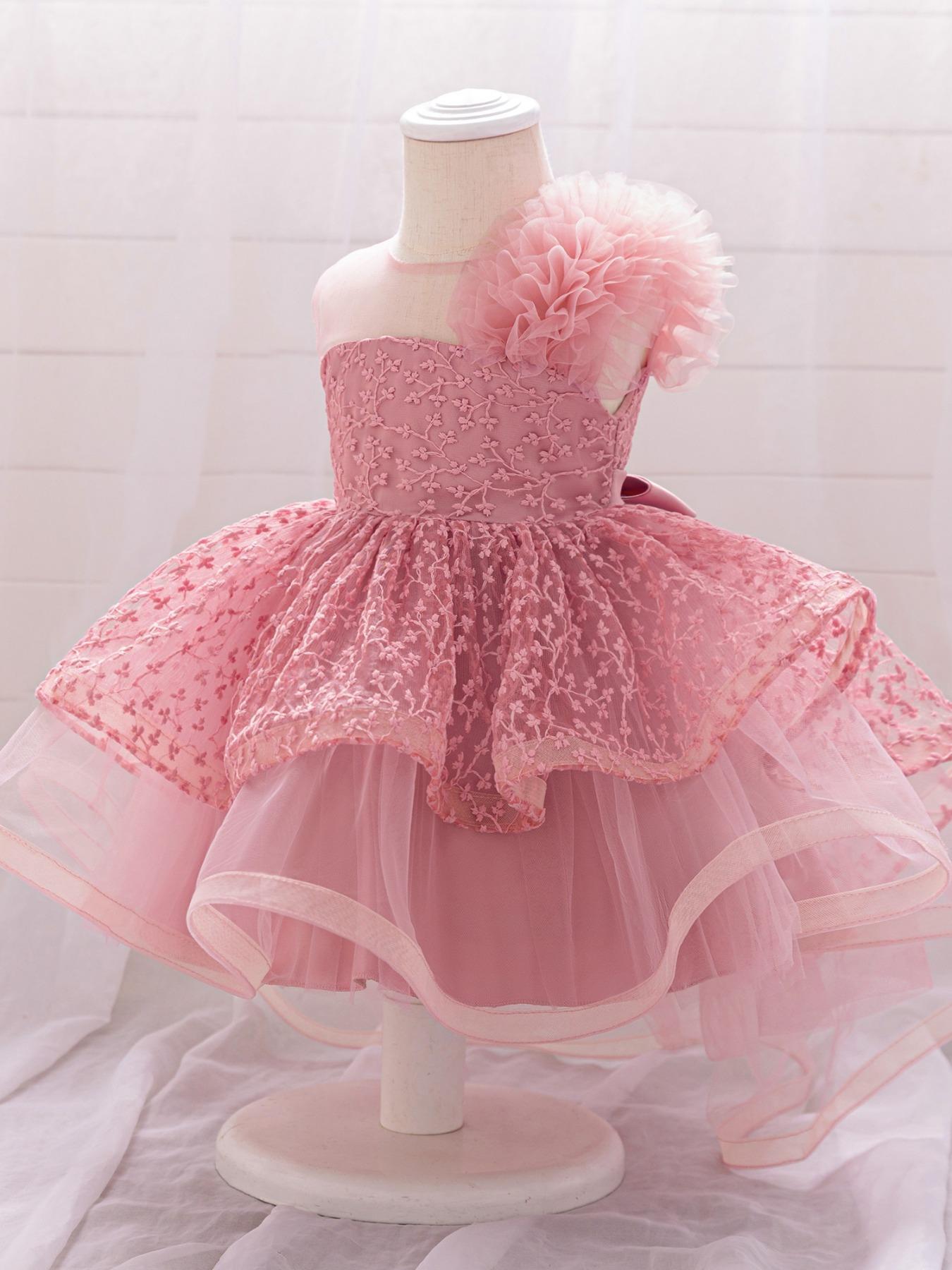 Baby Girl's Floral Print Mesh Ruffle Trim Dress, Elegant Cute Flower Decor Sleeveless Dress for Party Wedding Guest, Infant Toddler Kids Clothes for All Seasons