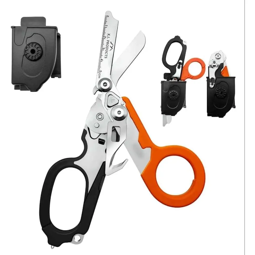 6 in 1 Multifunctional Trauma Shears Foldable with Strap Cutter| Heavy Duty Stainless Steel Emergency Response Shears| Survival Scissors With Holster| Medical Trauma Tactical| Black & Orange