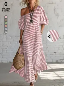 Women's Elegant Striped Off-Shoulder Dress, Casual Flowy Summer Dress, Ideal for Daily Wear, Date, Brunch, Vacation, Beach