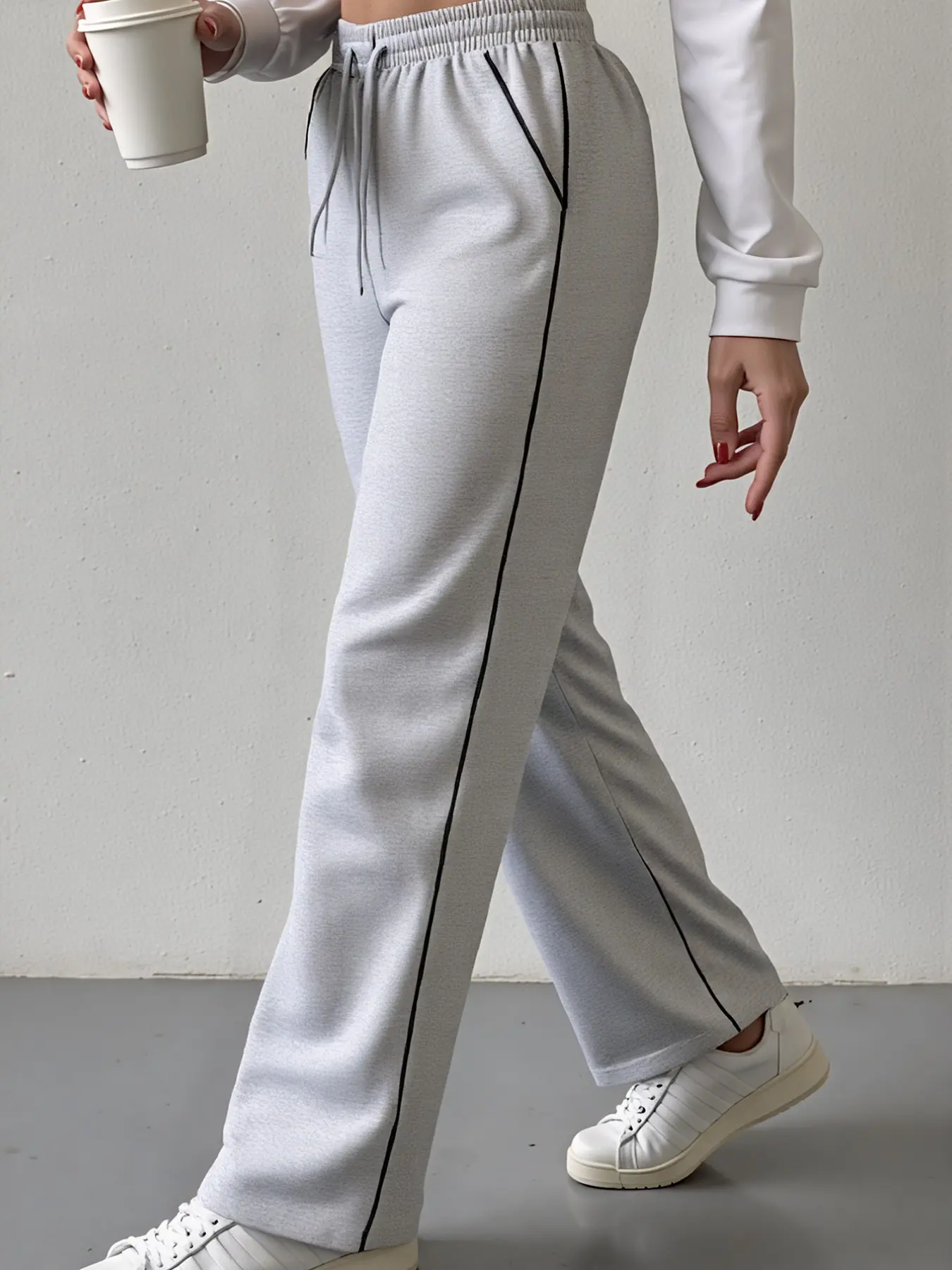 Women's Plus Size Knit Pants, Breathable Loose Fit Wide Leg, Fashion Fall Winter Sports Pants, Elastic Waist Casual Home Wear Bottom