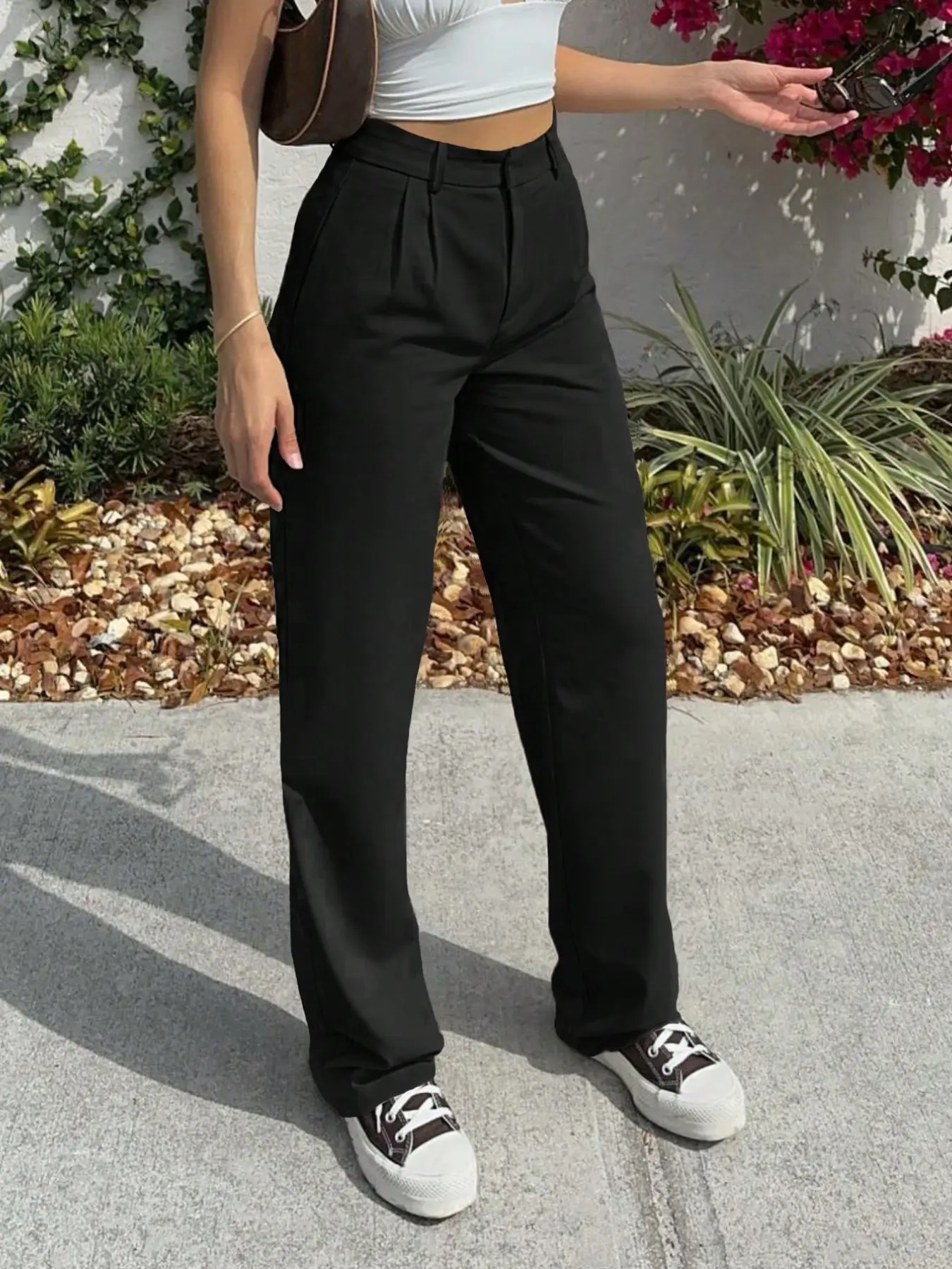 Women's Relaxed Straight Leg Pleated Dress Pants, Flowy Business Casual Office Work Trousers Black